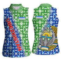 Uzbekistan Women Sleeveless Polo Shirt with Ikat Pattern and National Coat of Arms Design - Wonder Print Shop