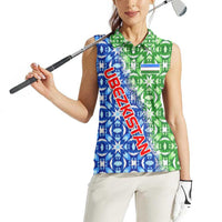 Uzbekistan Women Sleeveless Polo Shirt with Ikat Pattern and National Coat of Arms Design - Wonder Print Shop