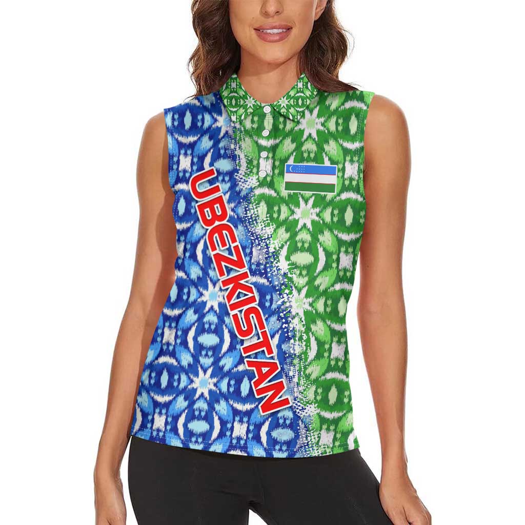 Uzbekistan Women Sleeveless Polo Shirt with Ikat Pattern and National Coat of Arms Design - Wonder Print Shop