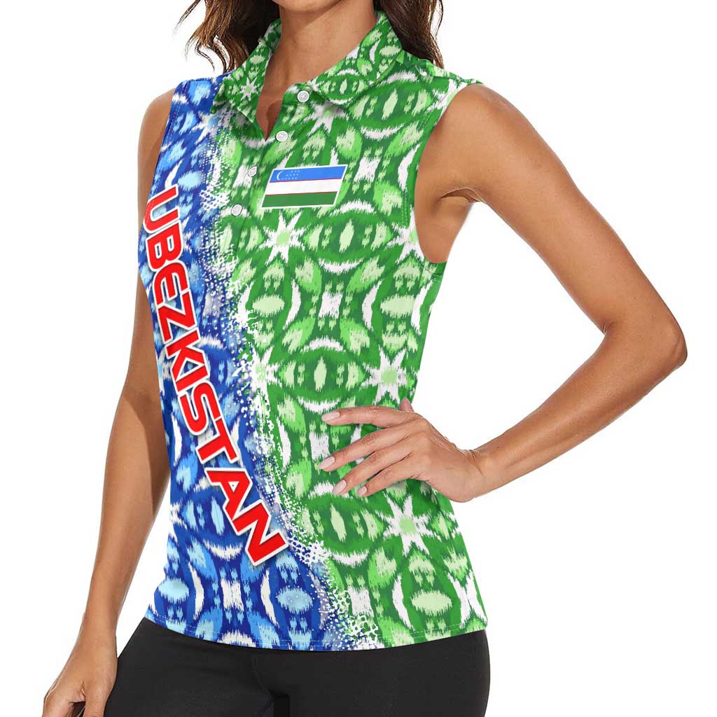 Uzbekistan Women Sleeveless Polo Shirt with Ikat Pattern and National Coat of Arms Design - Wonder Print Shop