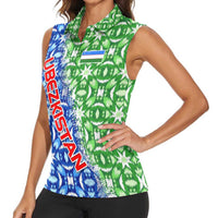 Uzbekistan Women Sleeveless Polo Shirt with Ikat Pattern and National Coat of Arms Design - Wonder Print Shop