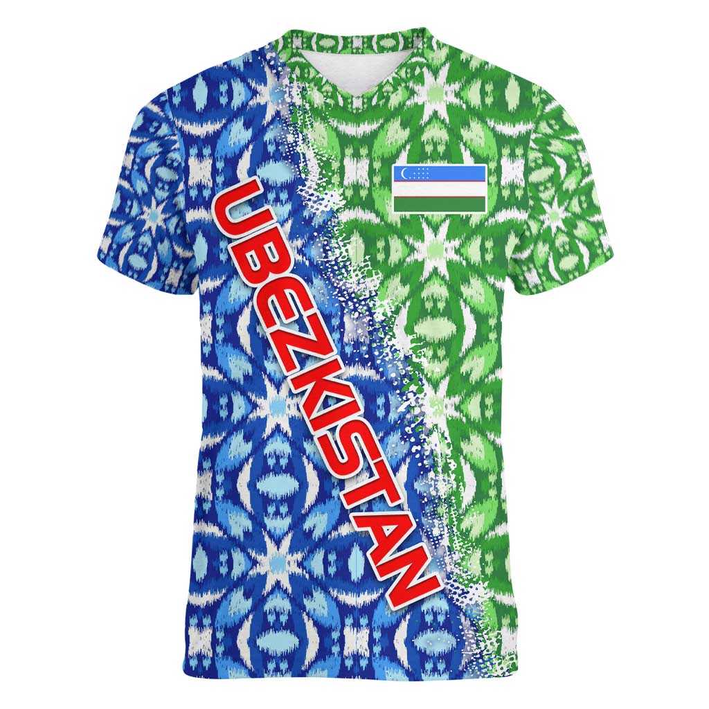 Uzbekistan Women V-Neck T-Shirt with Ikat Pattern and National Coat of Arms Design - Wonder Print Shop