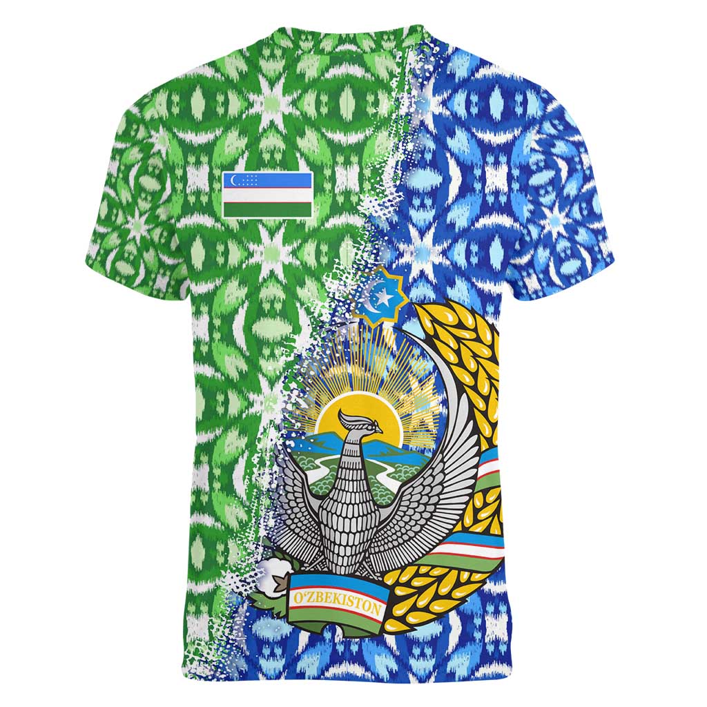Uzbekistan Women V-Neck T-Shirt with Ikat Pattern and National Coat of Arms Design - Wonder Print Shop