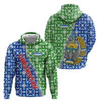 Uzbekistan Zip Hoodie with Ikat Pattern and National Coat of Arms Design - Wonder Print Shop