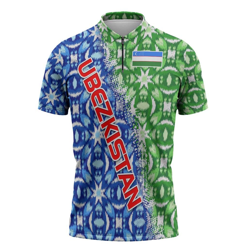 Uzbekistan Zipper Polo Shirt with Ikat Pattern and National Coat of Arms Design - Wonder Print Shop