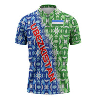 Uzbekistan Zipper Polo Shirt with Ikat Pattern and National Coat of Arms Design - Wonder Print Shop