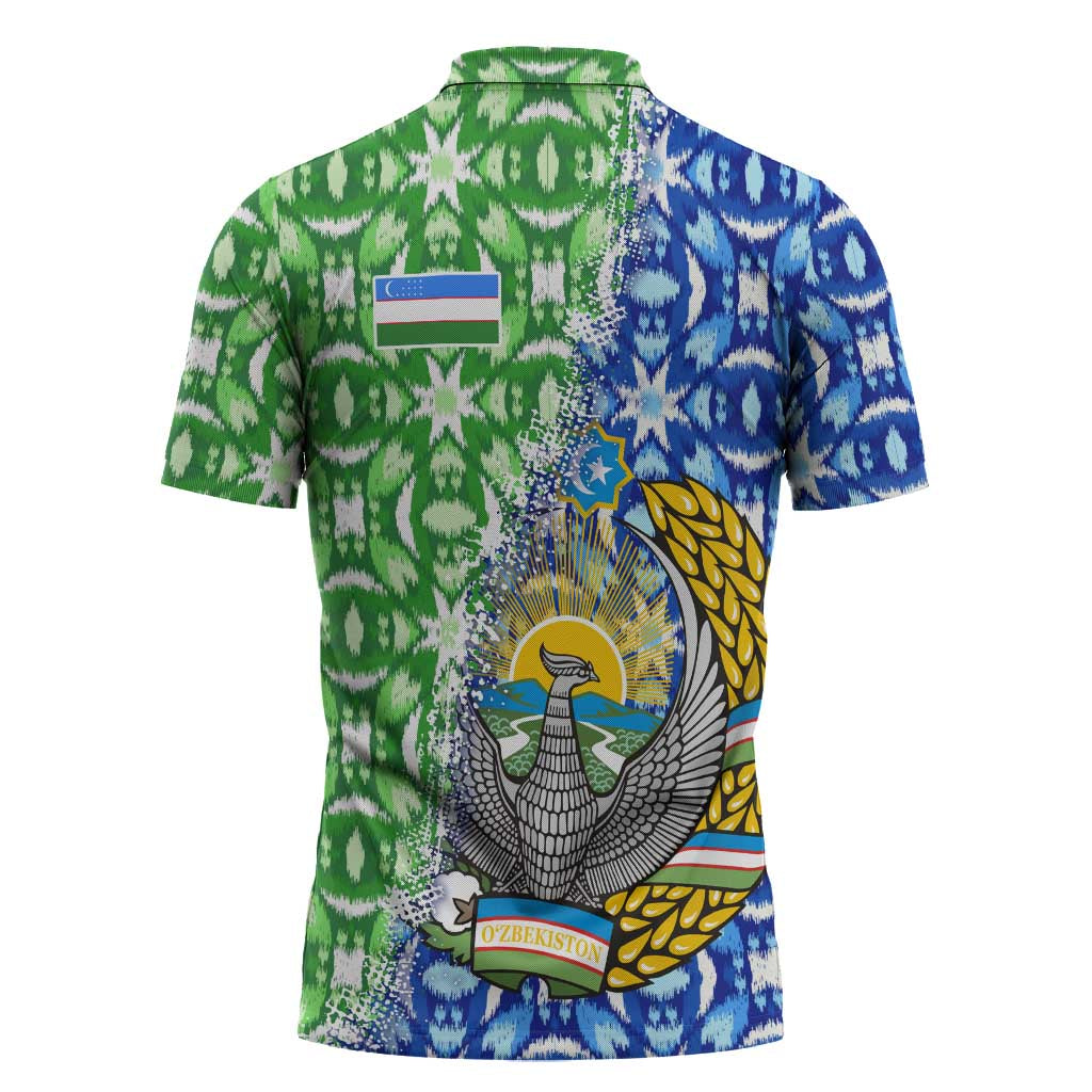 Uzbekistan Zipper Polo Shirt with Ikat Pattern and National Coat of Arms Design - Wonder Print Shop