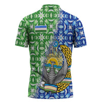 Uzbekistan Zipper Polo Shirt with Ikat Pattern and National Coat of Arms Design - Wonder Print Shop