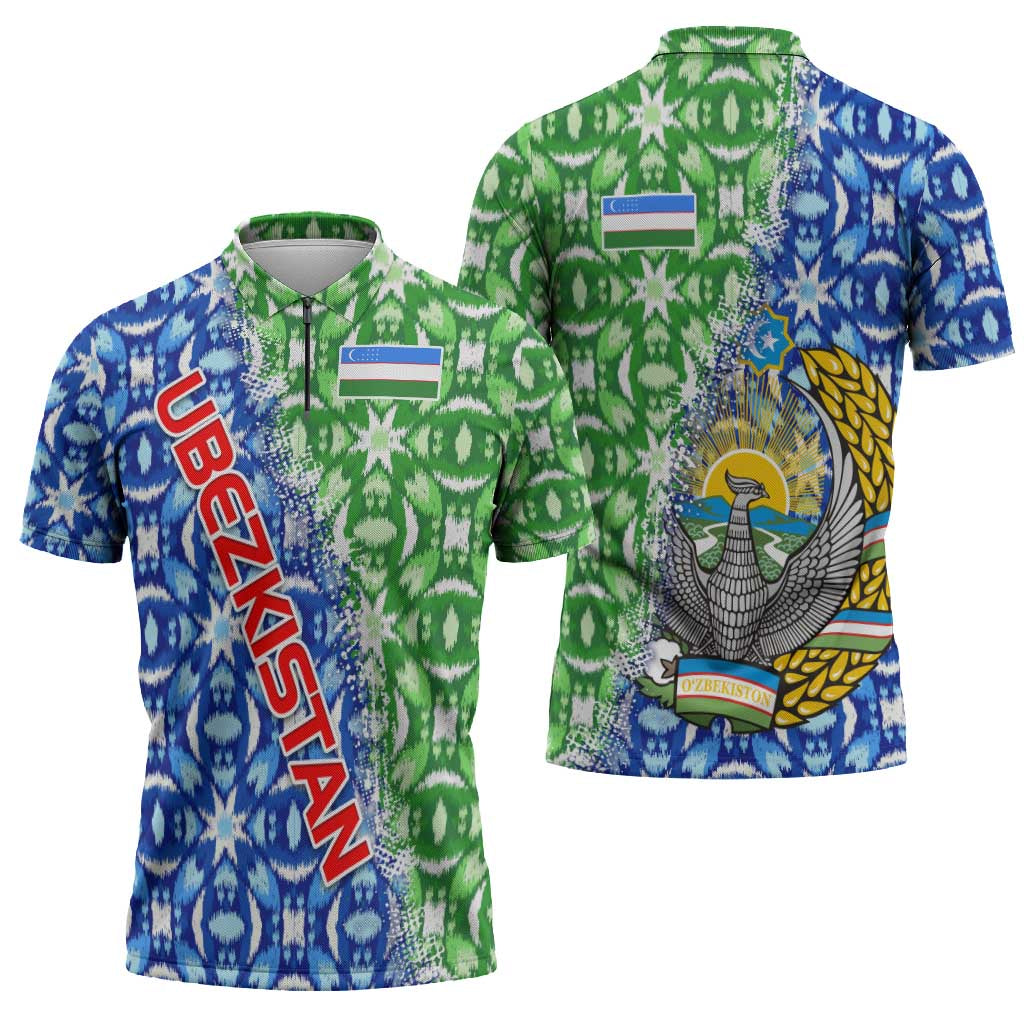 Uzbekistan Zipper Polo Shirt with Ikat Pattern and National Coat of Arms Design - Wonder Print Shop