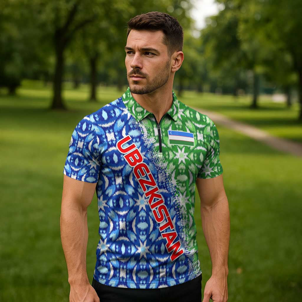 Uzbekistan Zipper Polo Shirt with Ikat Pattern and National Coat of Arms Design - Wonder Print Shop