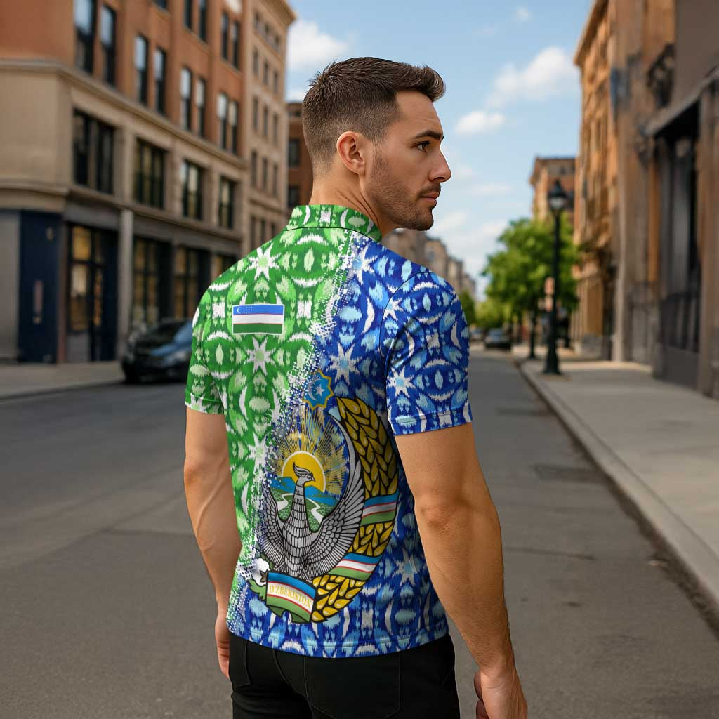 Uzbekistan Zipper Polo Shirt with Ikat Pattern and National Coat of Arms Design - Wonder Print Shop