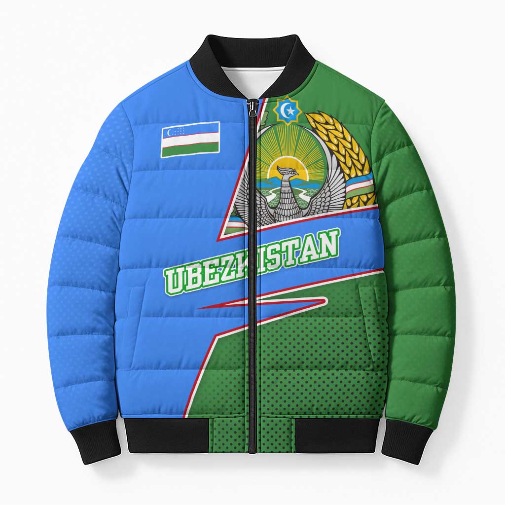 Uzbekistan Bomber Puffer Jacket with National Coat of Arms and Modern Gradient Design - Wonder Print Shop