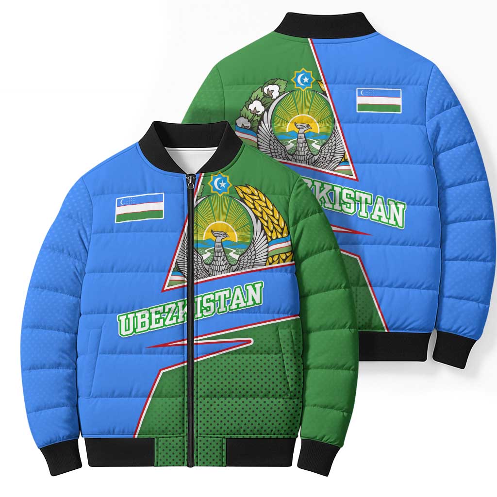 Uzbekistan Bomber Puffer Jacket with National Coat of Arms and Modern Gradient Design - Wonder Print Shop
