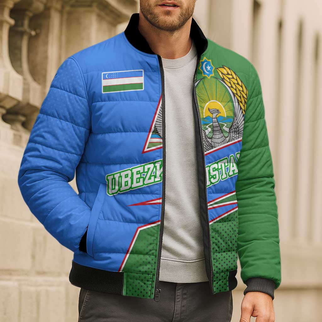 Uzbekistan Bomber Puffer Jacket with National Coat of Arms and Modern Gradient Design - Wonder Print Shop