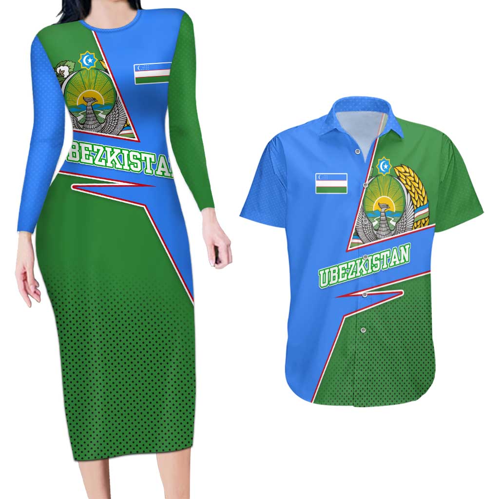 Uzbekistan Couples Matching Long Sleeve Bodycon Dress and Hawaiian Shirt with National Coat of Arms and Modern Gradient Design - Wonder Print Shop