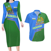 Uzbekistan Couples Matching Long Sleeve Bodycon Dress and Hawaiian Shirt with National Coat of Arms and Modern Gradient Design - Wonder Print Shop