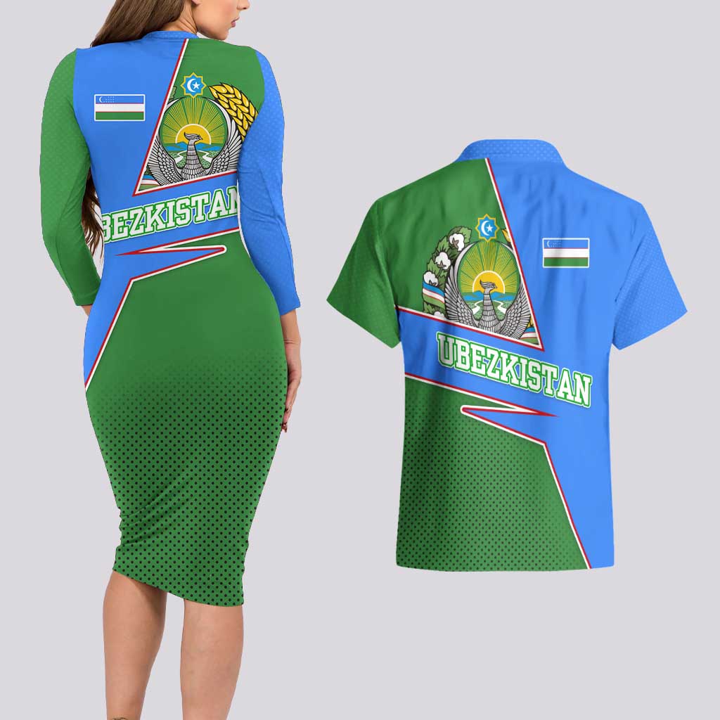 Uzbekistan Couples Matching Long Sleeve Bodycon Dress and Hawaiian Shirt with National Coat of Arms and Modern Gradient Design - Wonder Print Shop