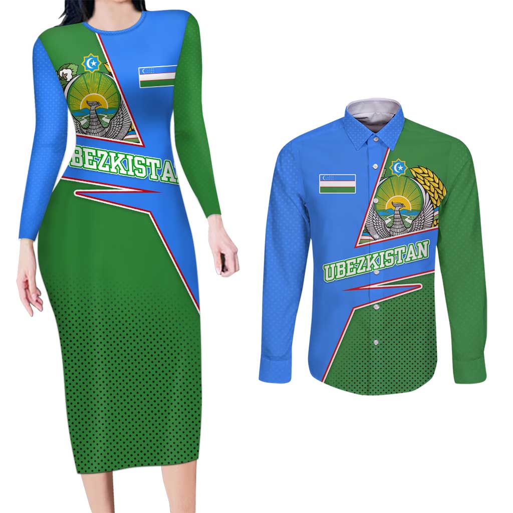 Uzbekistan Couples Matching Long Sleeve Bodycon Dress and Long Sleeve Button Shirt with National Coat of Arms and Modern Gradient Design - Wonder Print Shop