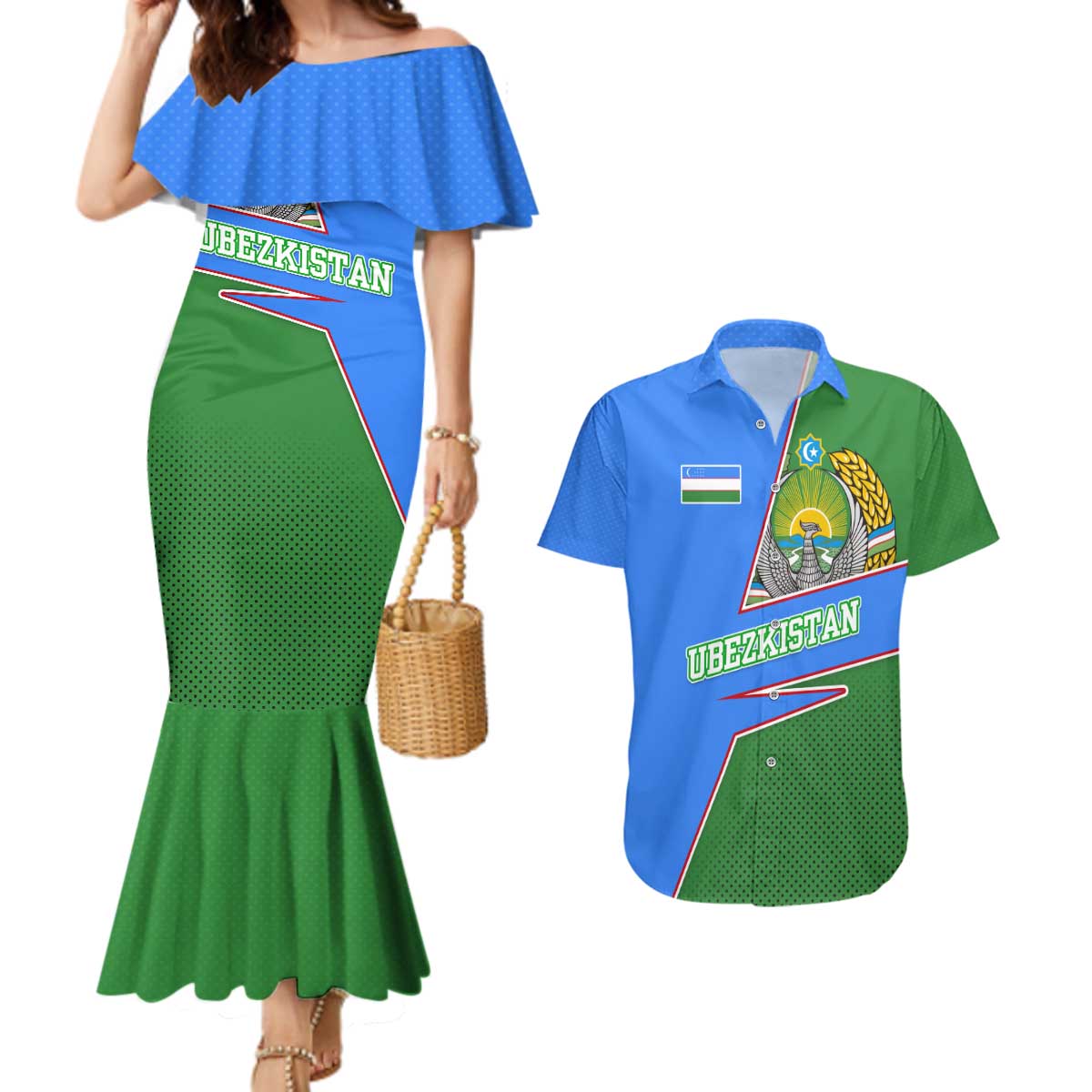 Uzbekistan Couples Matching Mermaid Dress and Hawaiian Shirt with National Coat of Arms and Modern Gradient Design - Wonder Print Shop