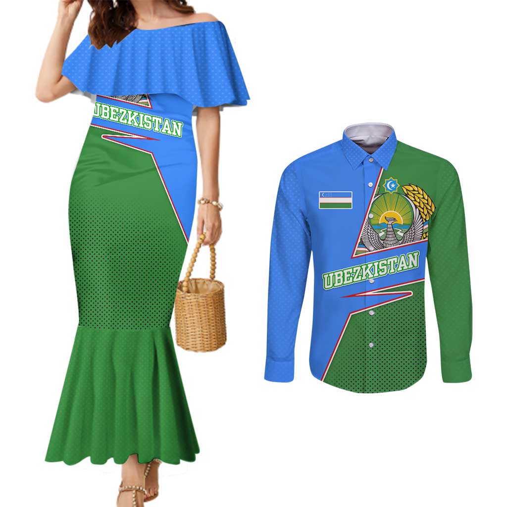 Uzbekistan Couples Matching Mermaid Dress and Long Sleeve Button Shirt with National Coat of Arms and Modern Gradient Design - Wonder Print Shop