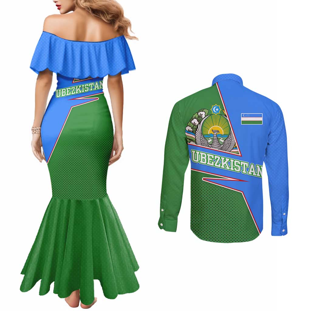 Uzbekistan Couples Matching Mermaid Dress and Long Sleeve Button Shirt with National Coat of Arms and Modern Gradient Design - Wonder Print Shop