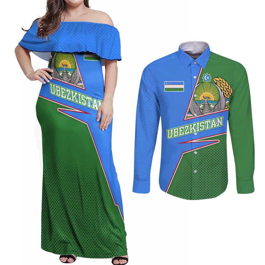 Uzbekistan Couples Matching Off Shoulder Maxi Dress and Long Sleeve Button Shirt with National Coat of Arms and Modern Gradient Design - Wonder Print Shop