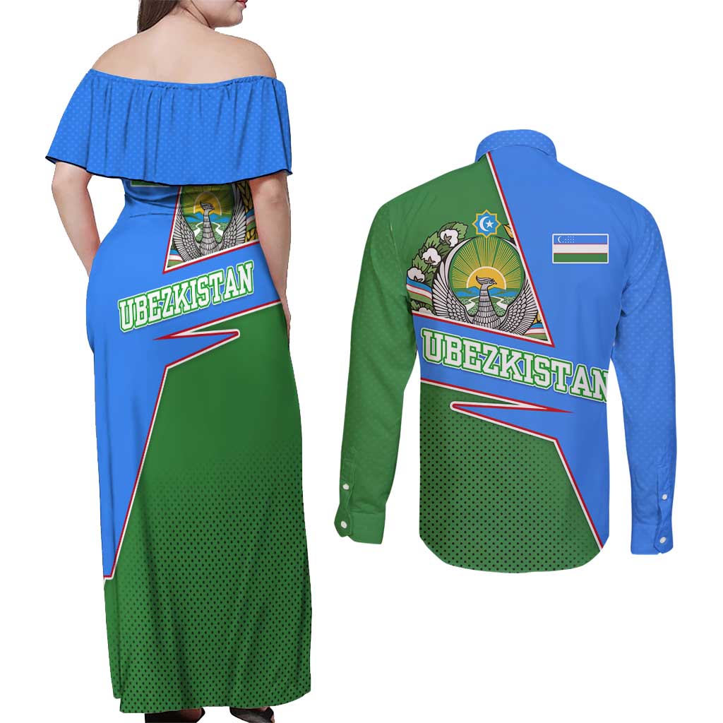 Uzbekistan Couples Matching Off Shoulder Maxi Dress and Long Sleeve Button Shirt with National Coat of Arms and Modern Gradient Design - Wonder Print Shop
