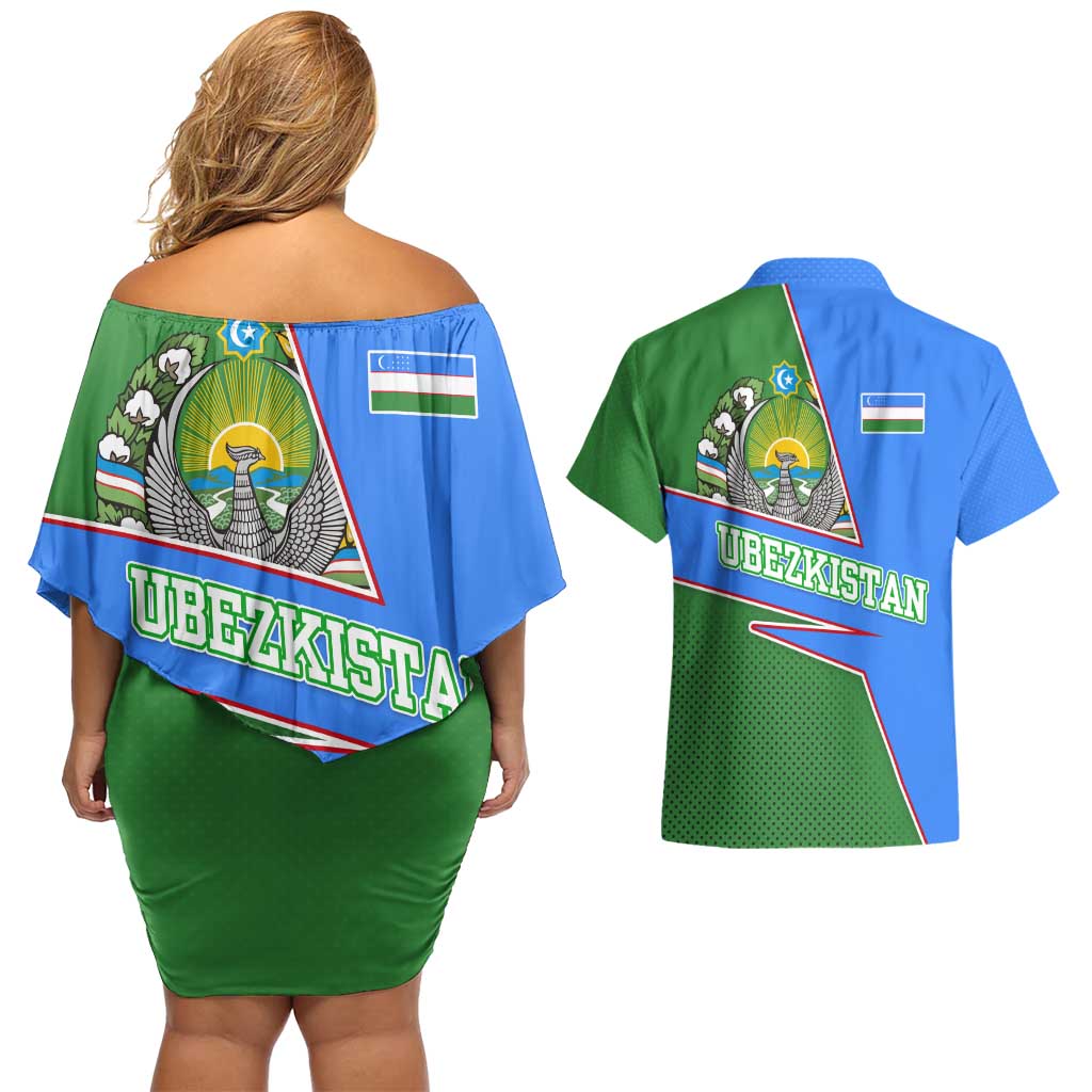 Uzbekistan Couples Matching Off Shoulder Short Dress and Hawaiian Shirt with National Coat of Arms and Modern Gradient Design - Wonder Print Shop