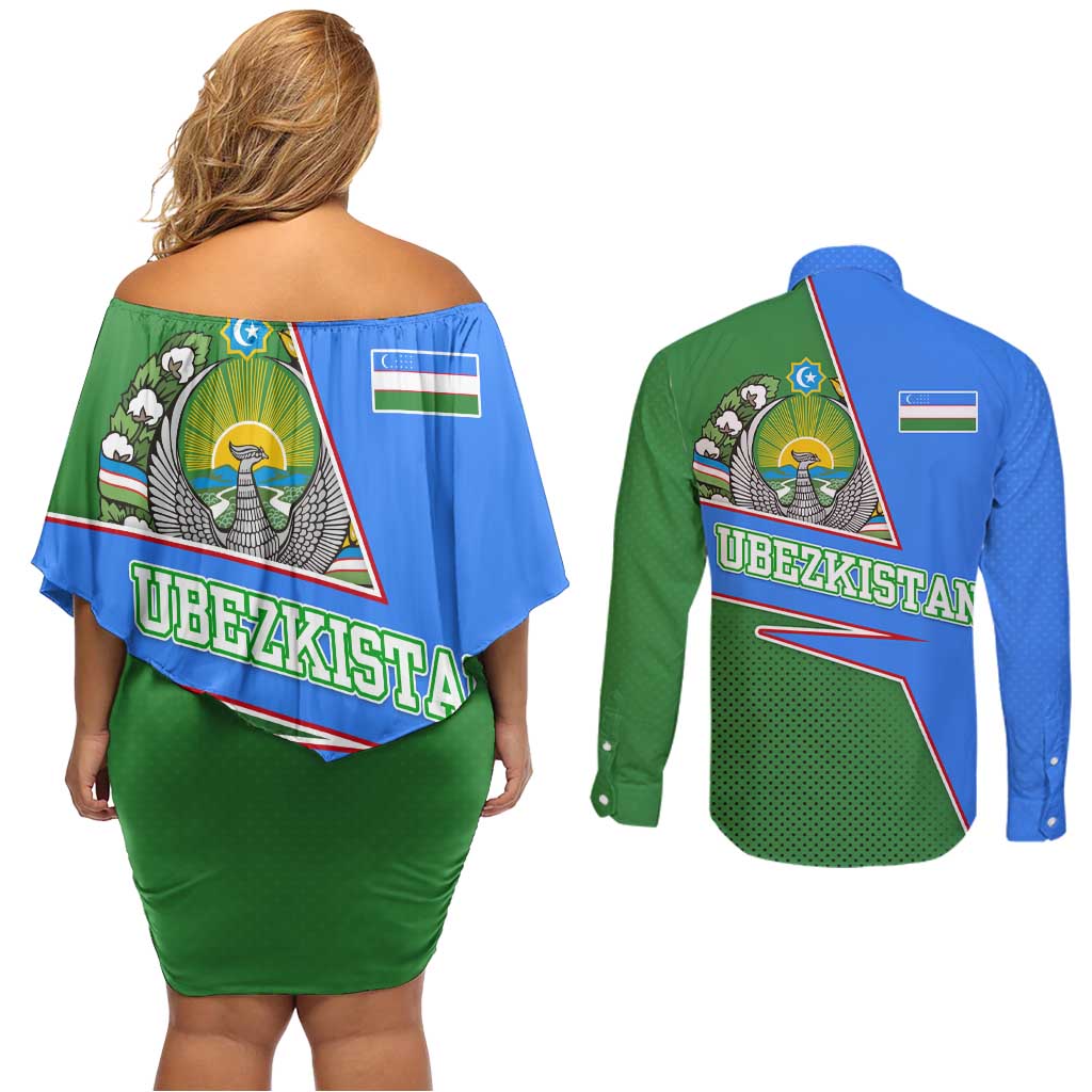 Uzbekistan Couples Matching Off Shoulder Short Dress and Long Sleeve Button Shirt with National Coat of Arms and Modern Gradient Design - Wonder Print Shop