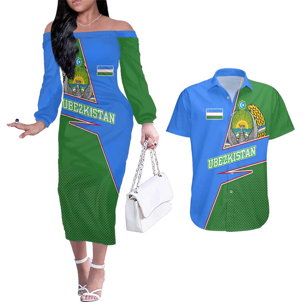 Uzbekistan Couples Matching Off The Shoulder Long Sleeve Dress and Hawaiian Shirt with National Coat of Arms and Modern Gradient Design - Wonder Print Shop