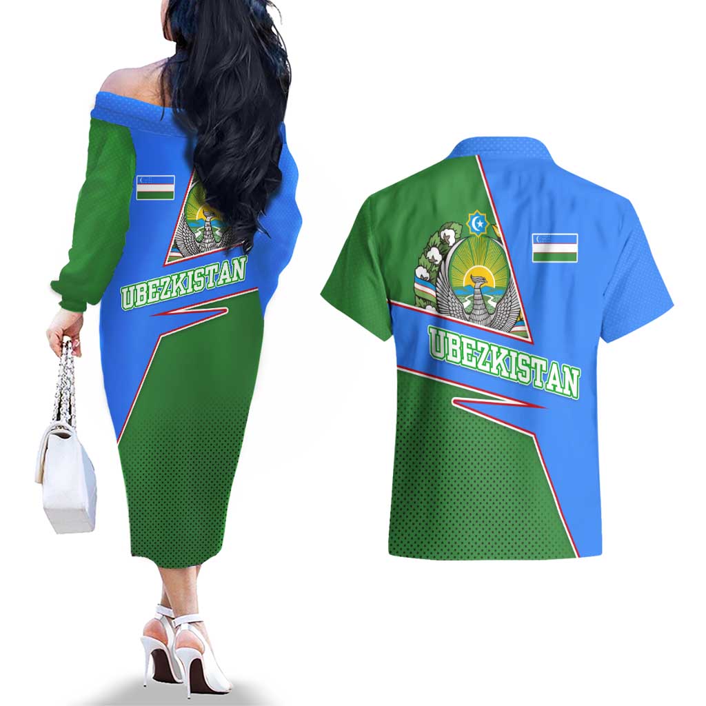 Uzbekistan Couples Matching Off The Shoulder Long Sleeve Dress and Hawaiian Shirt with National Coat of Arms and Modern Gradient Design - Wonder Print Shop