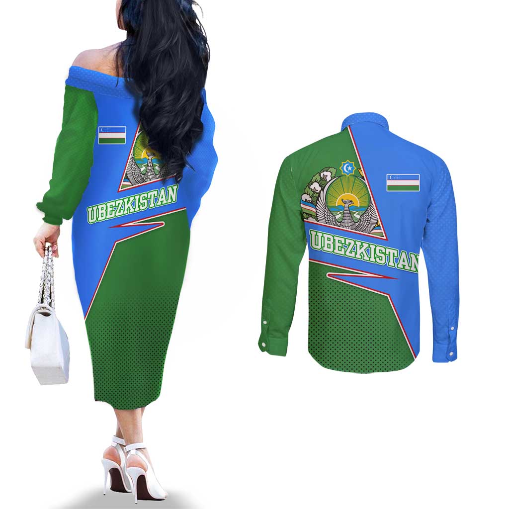 Uzbekistan Couples Matching Off The Shoulder Long Sleeve Dress and Long Sleeve Button Shirt with National Coat of Arms and Modern Gradient Design - Wonder Print Shop
