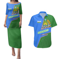 Uzbekistan Couples Matching Puletasi and Hawaiian Shirt with National Coat of Arms and Modern Gradient Design - Wonder Print Shop