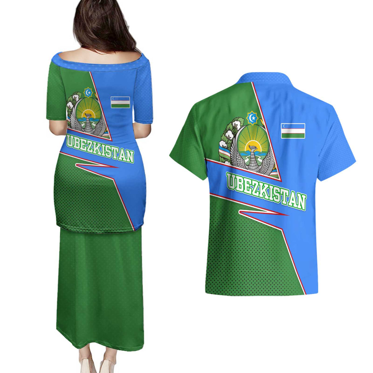 Uzbekistan Couples Matching Puletasi and Hawaiian Shirt with National Coat of Arms and Modern Gradient Design - Wonder Print Shop