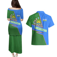 Uzbekistan Couples Matching Puletasi and Hawaiian Shirt with National Coat of Arms and Modern Gradient Design - Wonder Print Shop