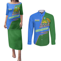 Uzbekistan Couples Matching Puletasi and Long Sleeve Button Shirt with National Coat of Arms and Modern Gradient Design - Wonder Print Shop
