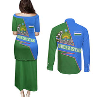 Uzbekistan Couples Matching Puletasi and Long Sleeve Button Shirt with National Coat of Arms and Modern Gradient Design - Wonder Print Shop