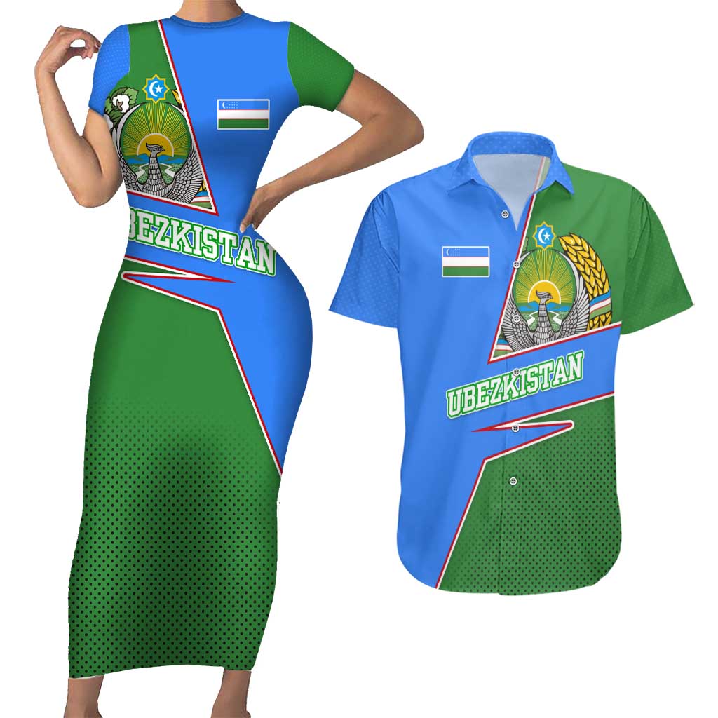 Uzbekistan Couples Matching Short Sleeve Bodycon Dress and Hawaiian Shirt with National Coat of Arms and Modern Gradient Design - Wonder Print Shop