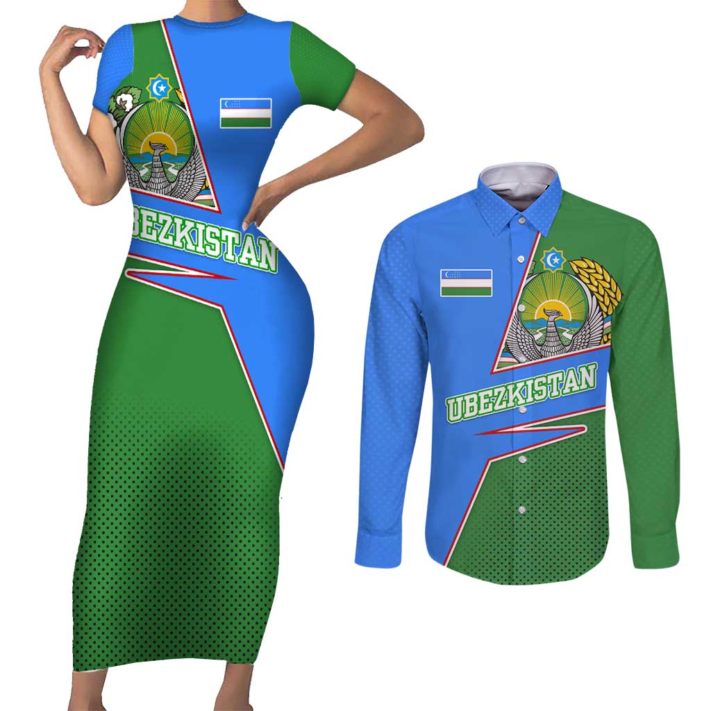 Uzbekistan Couples Matching Short Sleeve Bodycon Dress and Long Sleeve Button Shirt with National Coat of Arms and Modern Gradient Design - Wonder Print Shop