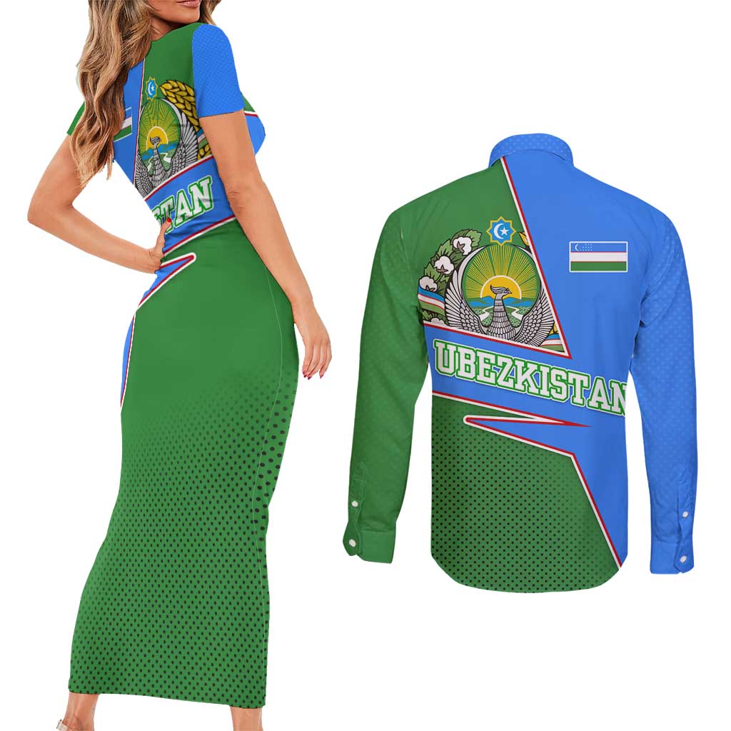 Uzbekistan Couples Matching Short Sleeve Bodycon Dress and Long Sleeve Button Shirt with National Coat of Arms and Modern Gradient Design - Wonder Print Shop