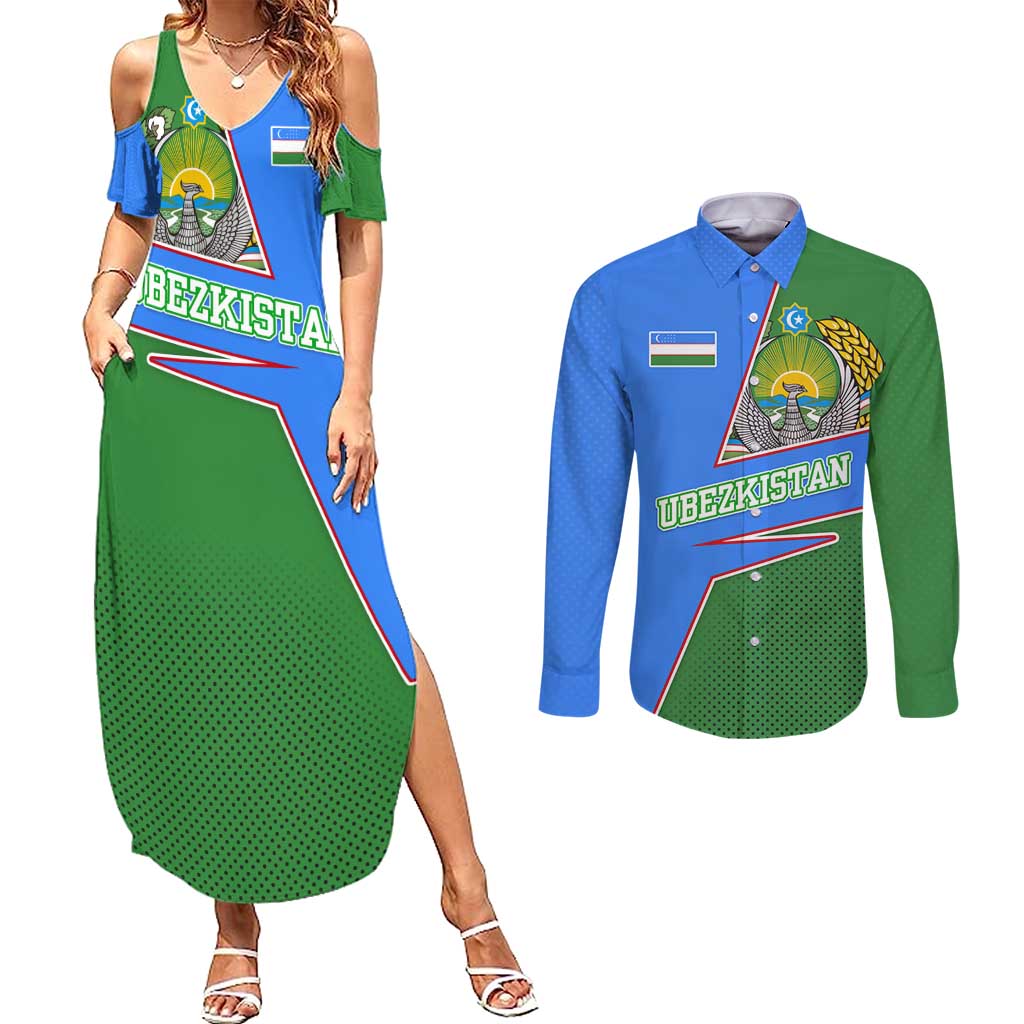 Uzbekistan Couples Matching Summer Maxi Dress and Long Sleeve Button Shirt with National Coat of Arms and Modern Gradient Design - Wonder Print Shop