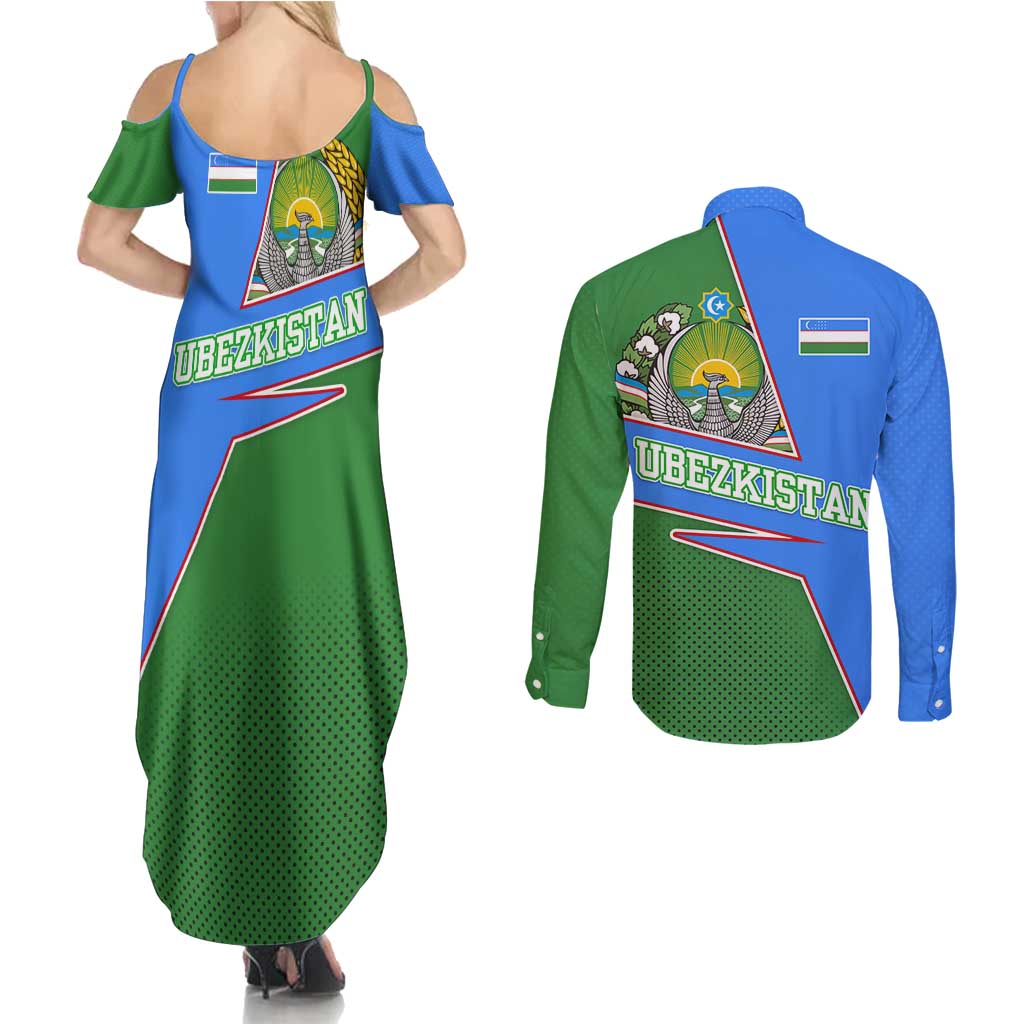 Uzbekistan Couples Matching Summer Maxi Dress and Long Sleeve Button Shirt with National Coat of Arms and Modern Gradient Design - Wonder Print Shop