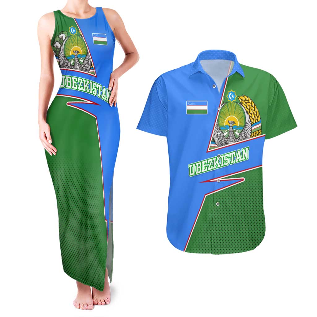 Uzbekistan Couples Matching Tank Maxi Dress and Hawaiian Shirt with National Coat of Arms and Modern Gradient Design - Wonder Print Shop
