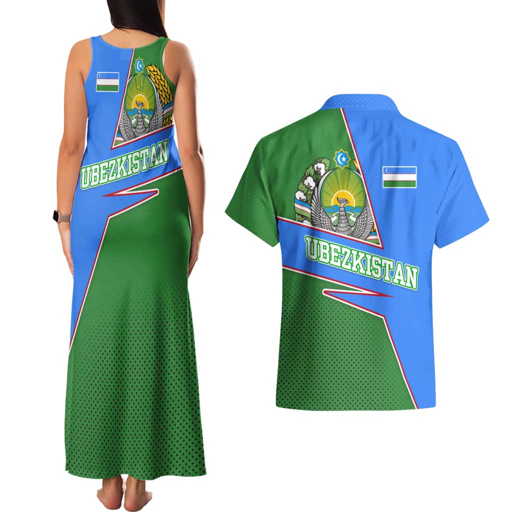 Uzbekistan Couples Matching Tank Maxi Dress and Hawaiian Shirt with National Coat of Arms and Modern Gradient Design - Wonder Print Shop