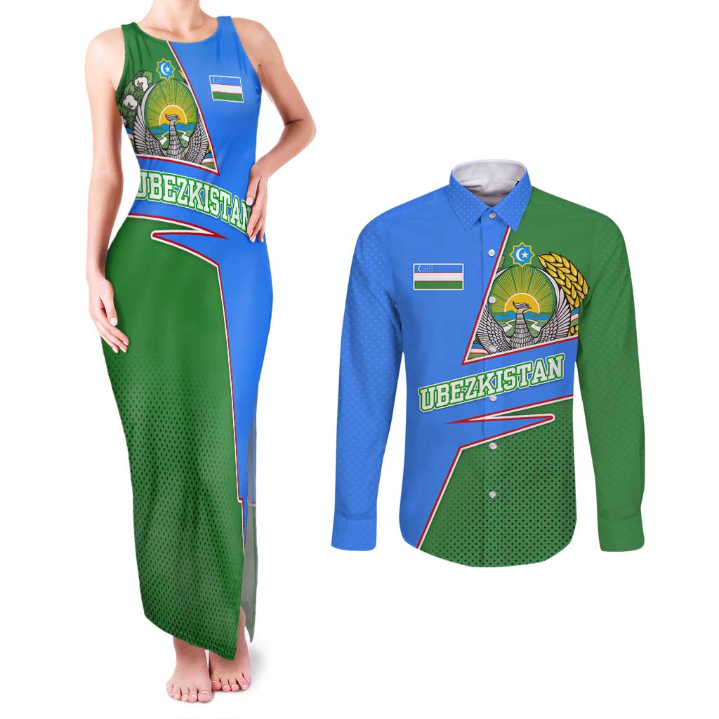 Uzbekistan Couples Matching Tank Maxi Dress and Long Sleeve Button Shirt with National Coat of Arms and Modern Gradient Design - Wonder Print Shop