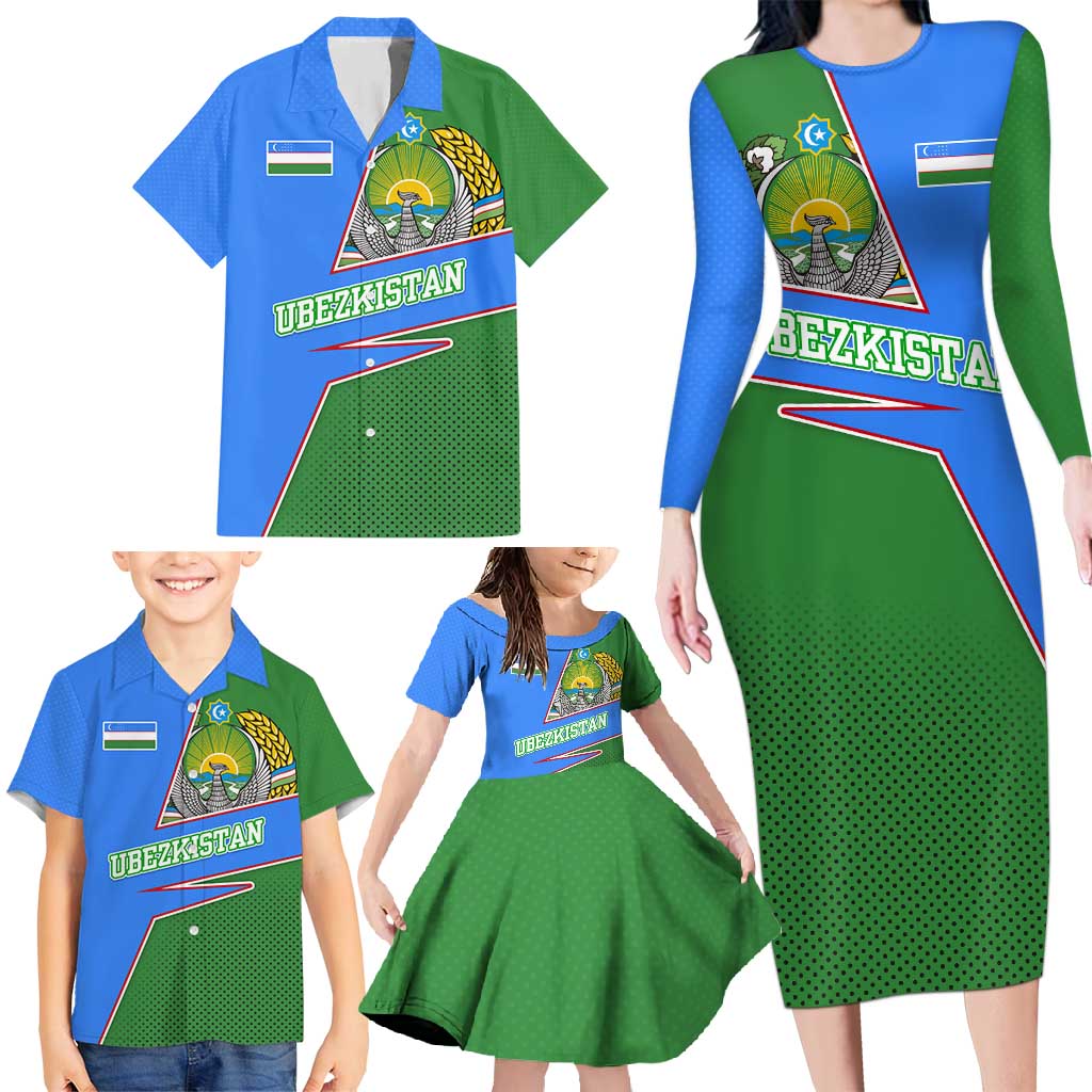 Uzbekistan Family Matching Long Sleeve Bodycon Dress and Hawaiian Shirt with National Coat of Arms and Modern Gradient Design - Wonder Print Shop