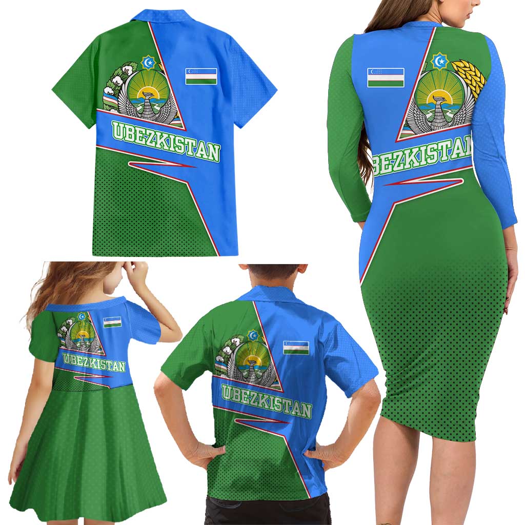 Uzbekistan Family Matching Long Sleeve Bodycon Dress and Hawaiian Shirt with National Coat of Arms and Modern Gradient Design - Wonder Print Shop