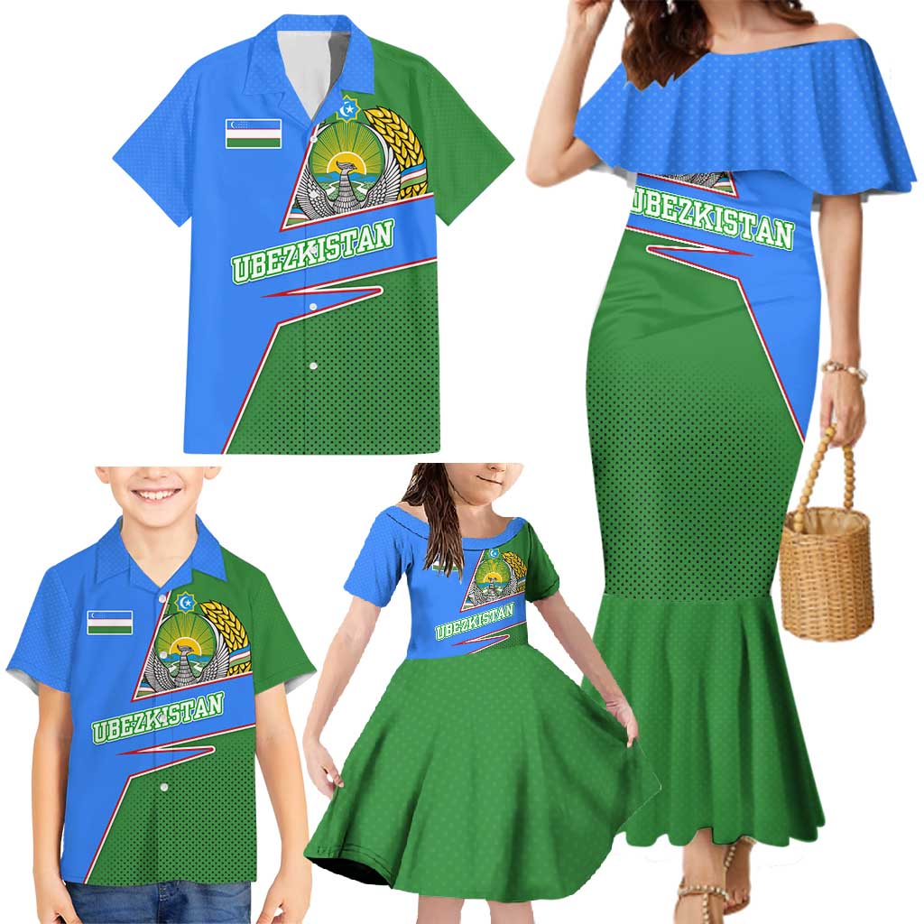 Uzbekistan Family Matching Mermaid Dress and Hawaiian Shirt with National Coat of Arms and Modern Gradient Design - Wonder Print Shop