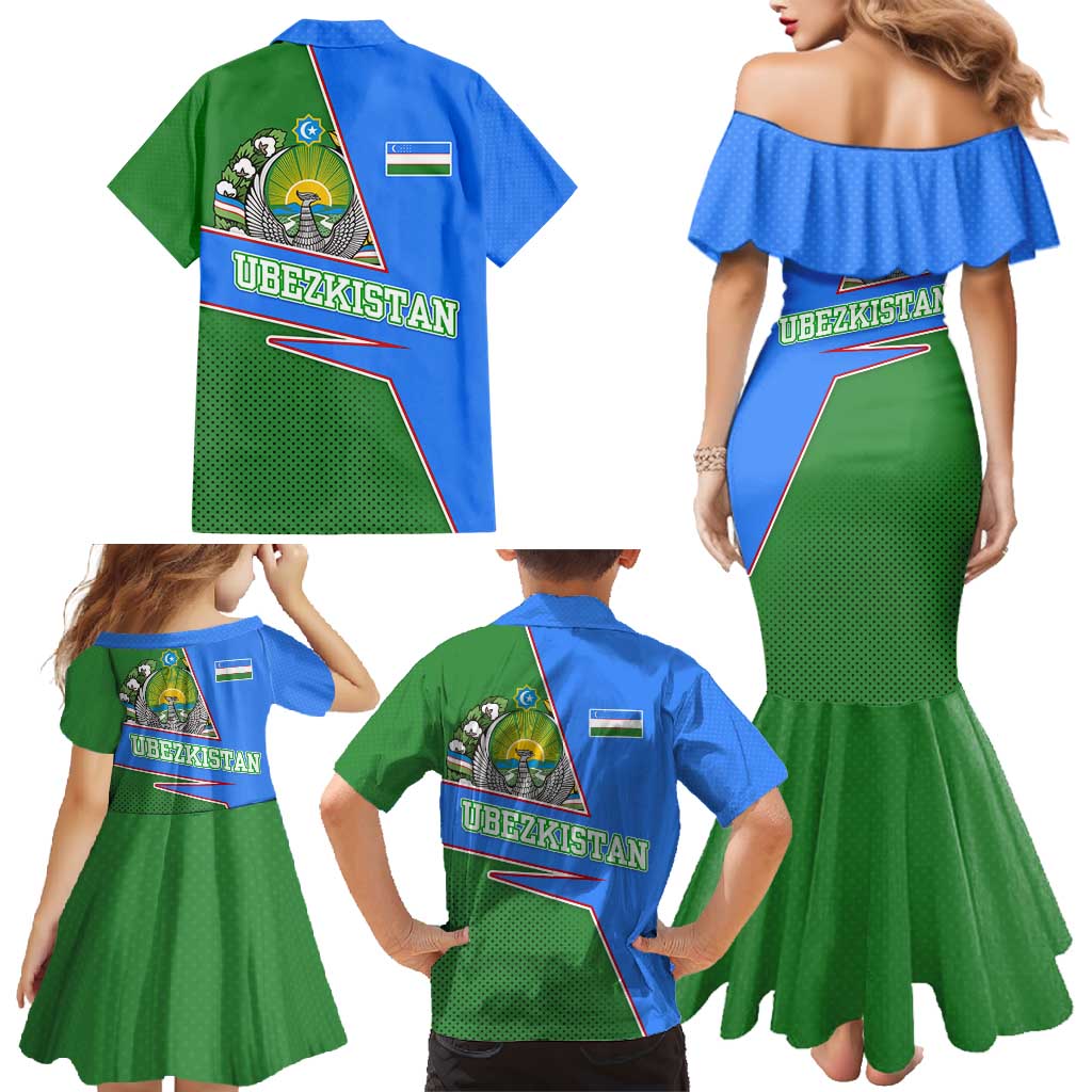 Uzbekistan Family Matching Mermaid Dress and Hawaiian Shirt with National Coat of Arms and Modern Gradient Design - Wonder Print Shop