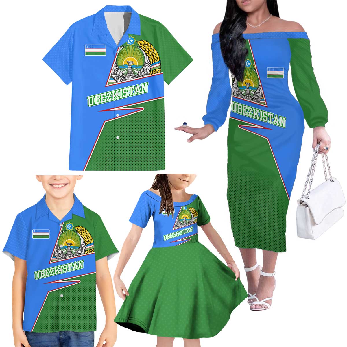 Uzbekistan Family Matching Off The Shoulder Long Sleeve Dress and Hawaiian Shirt with National Coat of Arms and Modern Gradient Design - Wonder Print Shop